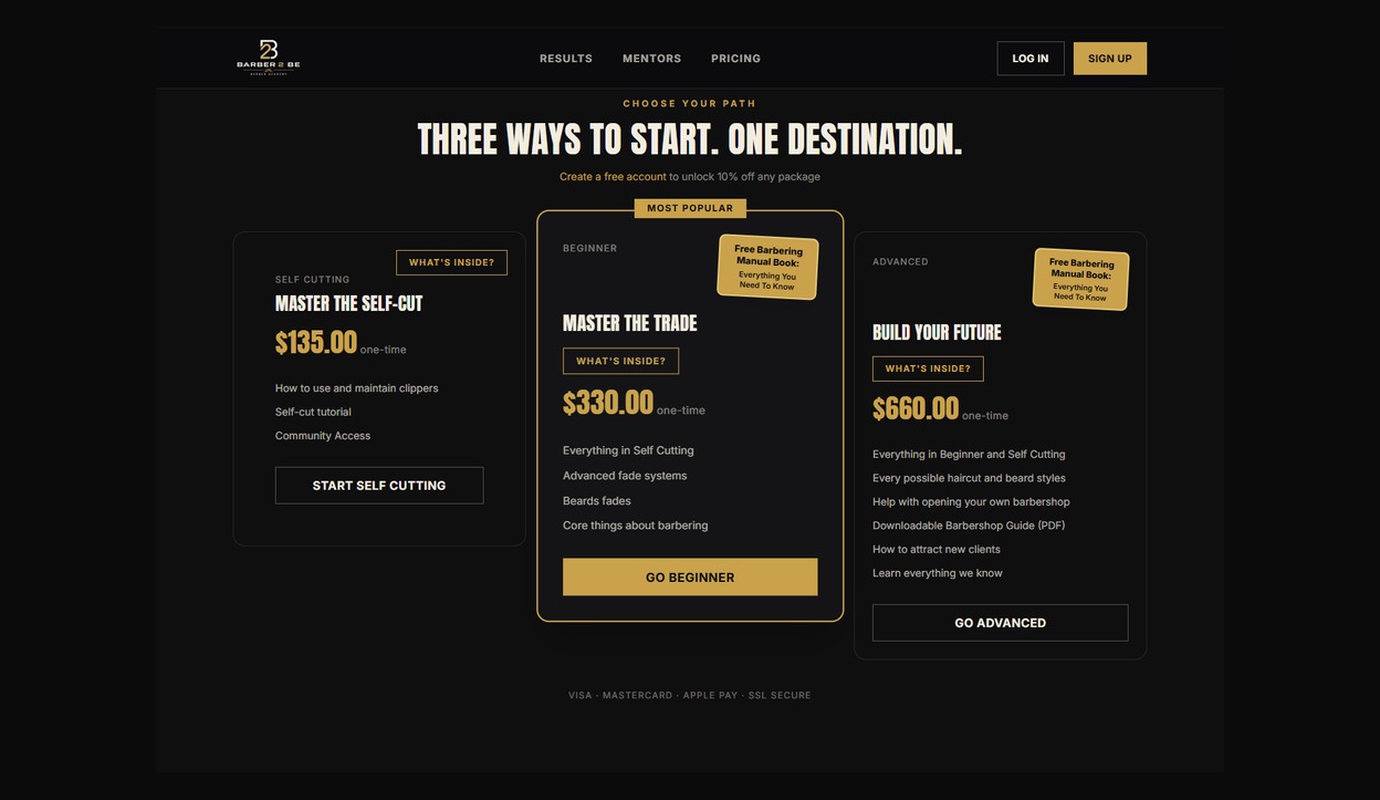 The Barber2Be pricing section with the three packages