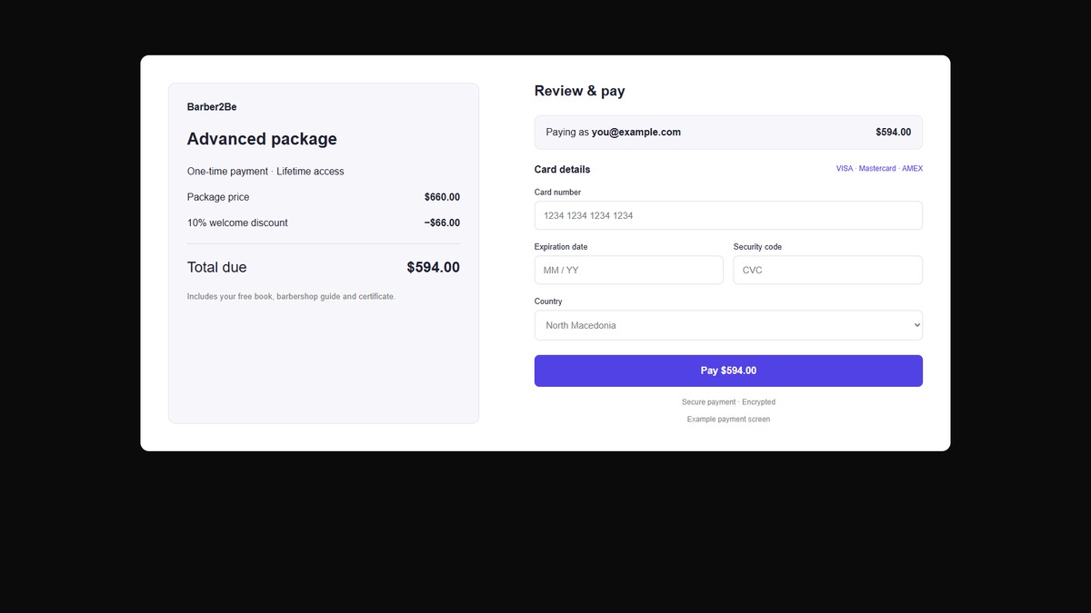 Card payment screen with Visa, Mastercard and Amex