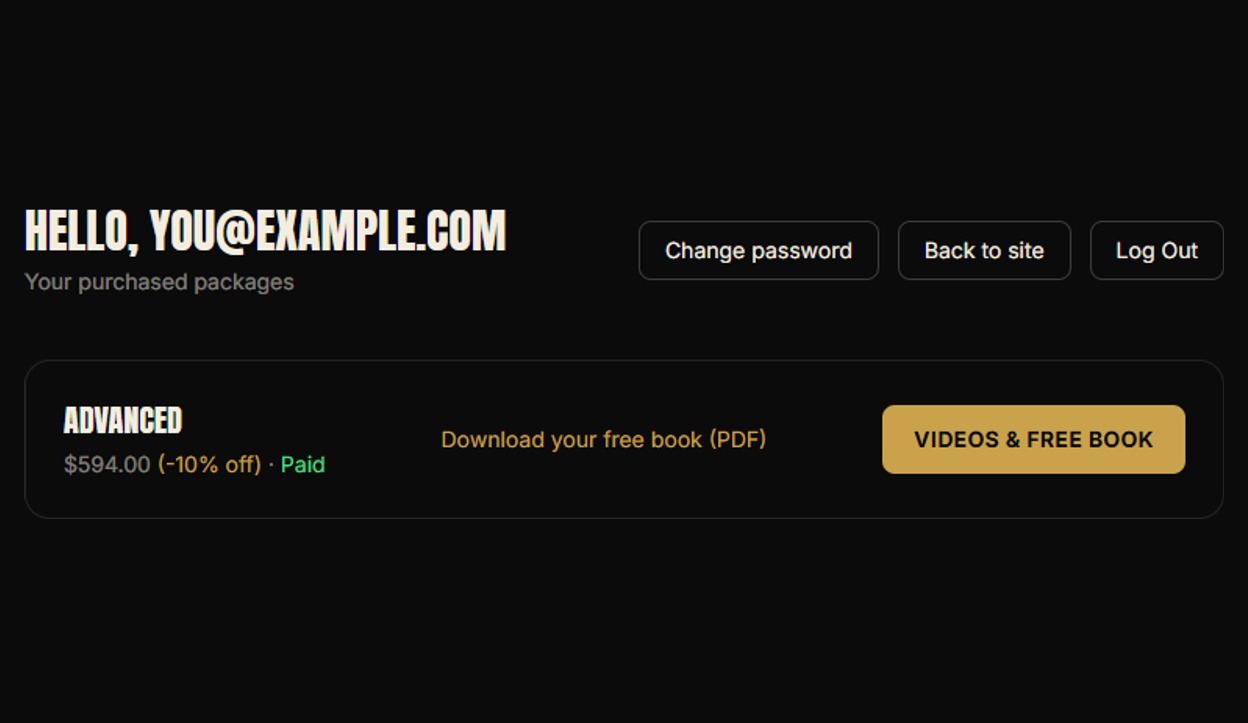 Purchased package shown inside the account page